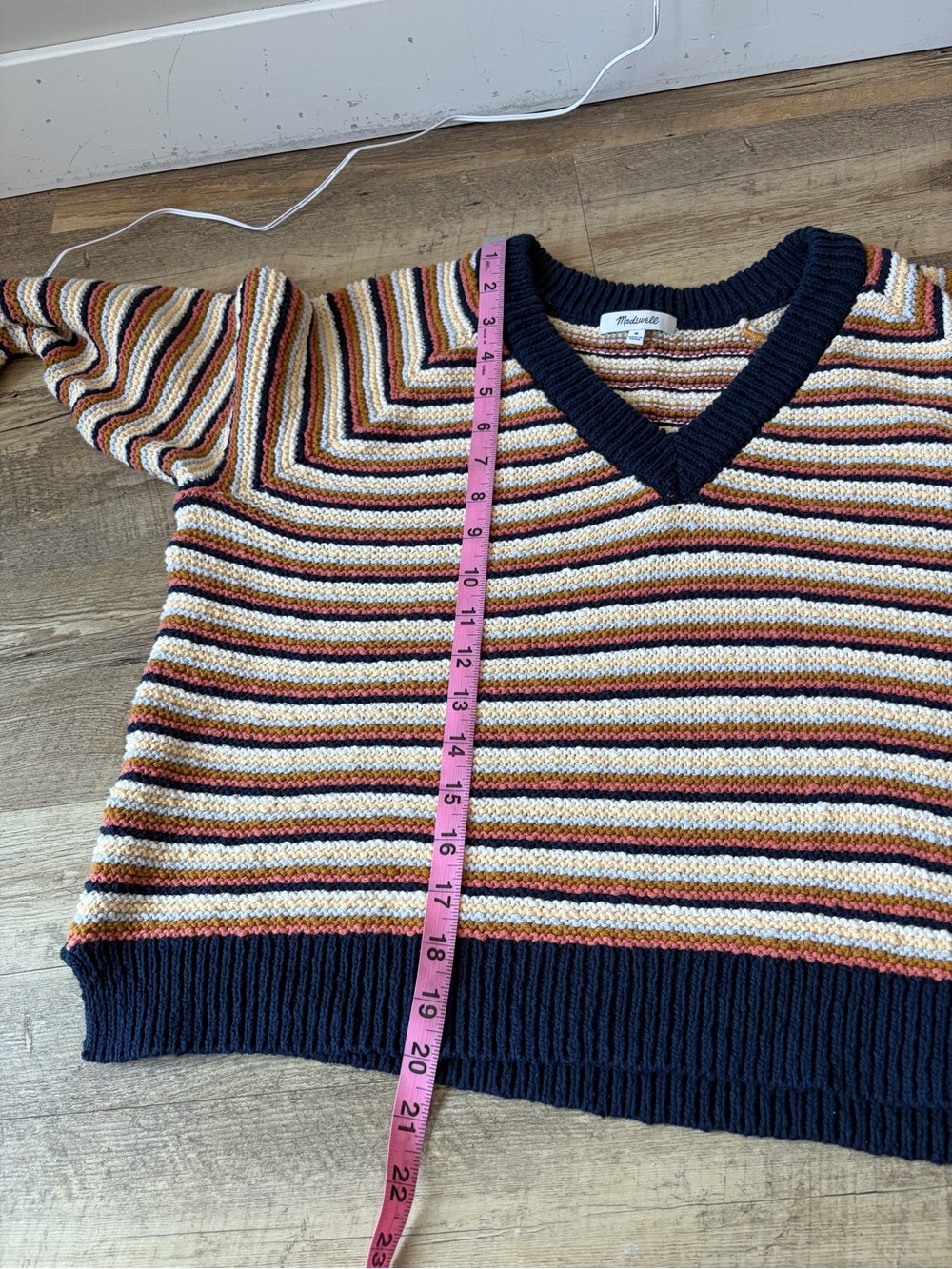Madewell Striped V-Neck Sweater in Navy, Cream, Mustard, Rust - Picture 4 of 9